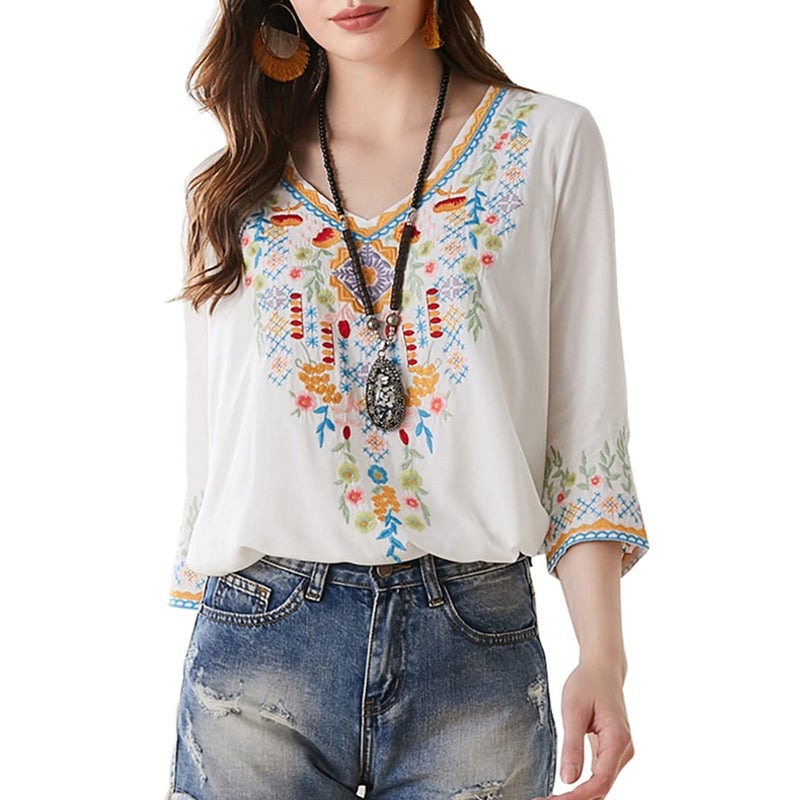 AK Women's Embroidered Tops 3/4 Sleeve Traditional Mexican Shirts for Women V Neck Peasant Tunic Blouses White - Image 4
